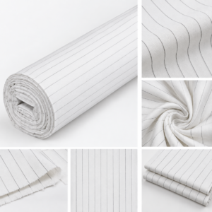 Premium white pinstripe fabric featuring fine vertical stripes and a clean, elegant texture. I